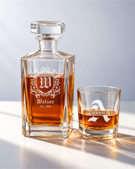 Personalized Gothic Coat Of Arms Whiskey Decanter Gift Set | GS131009 | mockup 01