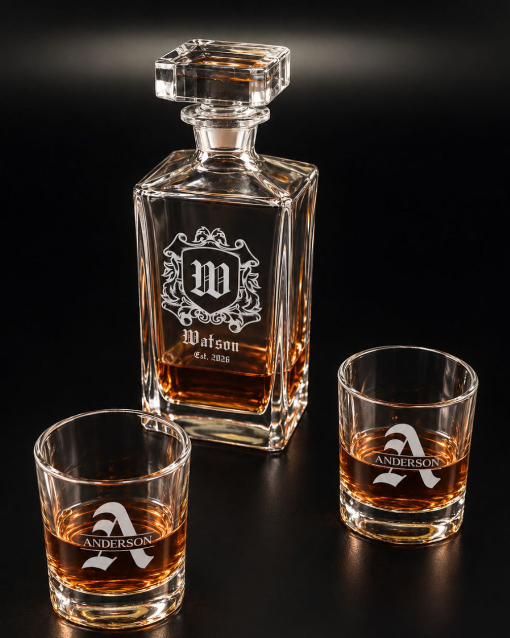 Personalized Gothic Coat Of Arms Whiskey Decanter Gift Set | GS131009 | mockup 04