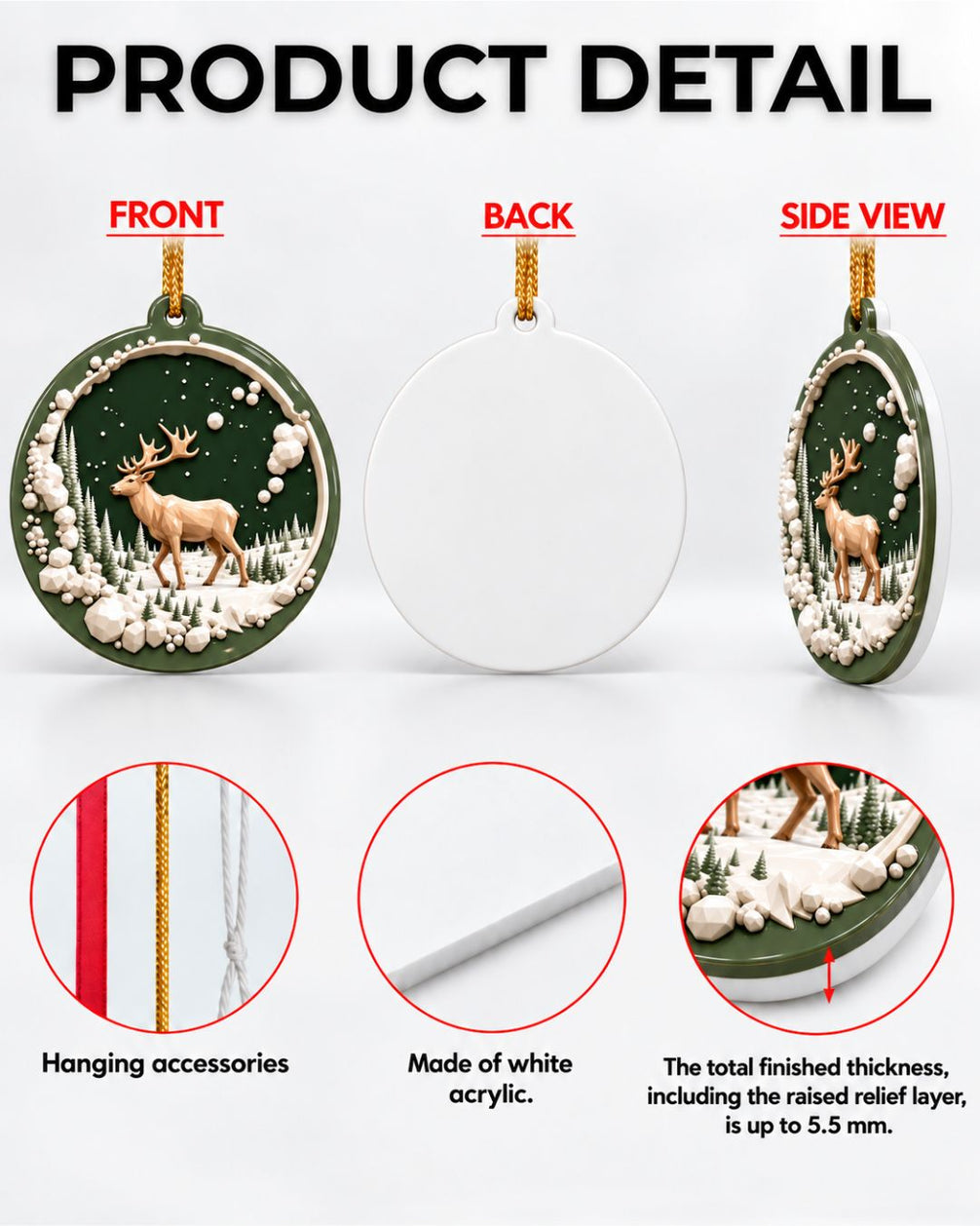 3D Winter Deer Christmas Acrylic Ornament | gallery 2