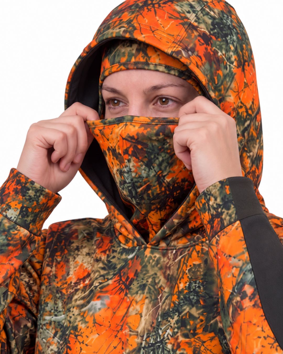 Orange Timber Camo Balaclava Hoodie | mockup 04