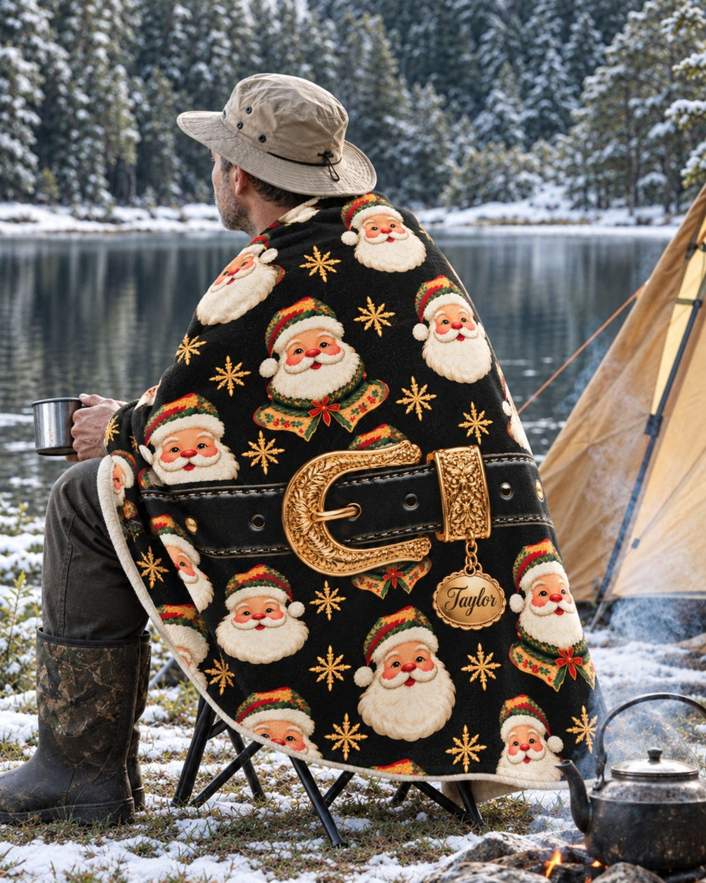 Personalized Santa Belt Fleece Blanket | mockup 04