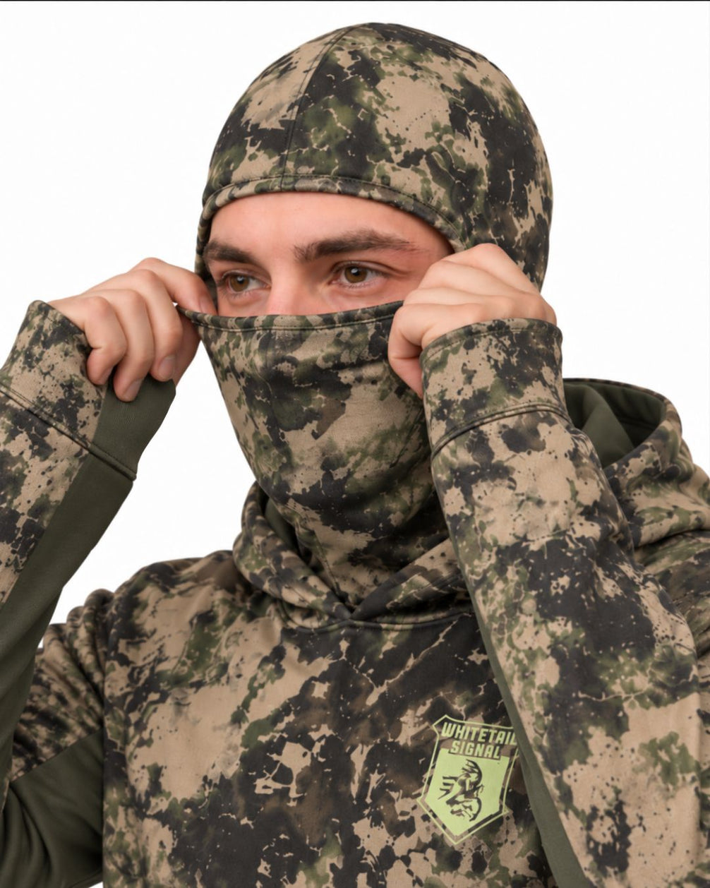 Whitetail Signal Camo Balaclava Hoodie | mockup 04