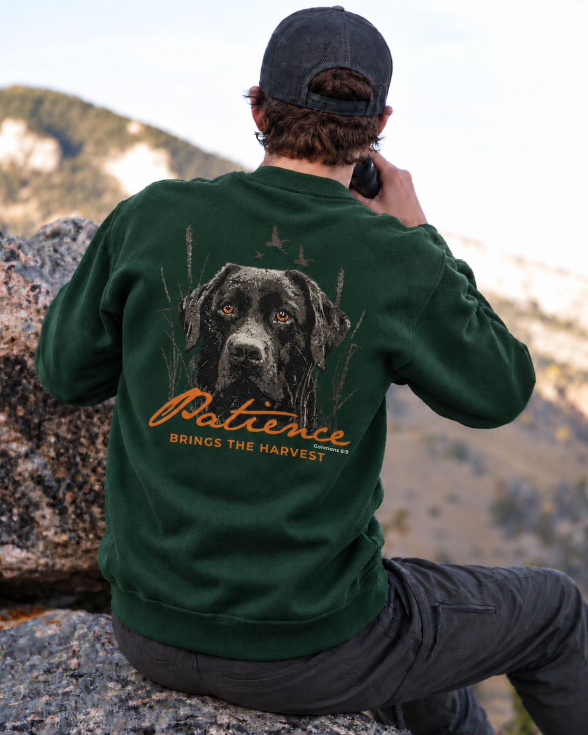Youth Patience Brings The Harvest Sweatshirt | Forest Green | mockup 05