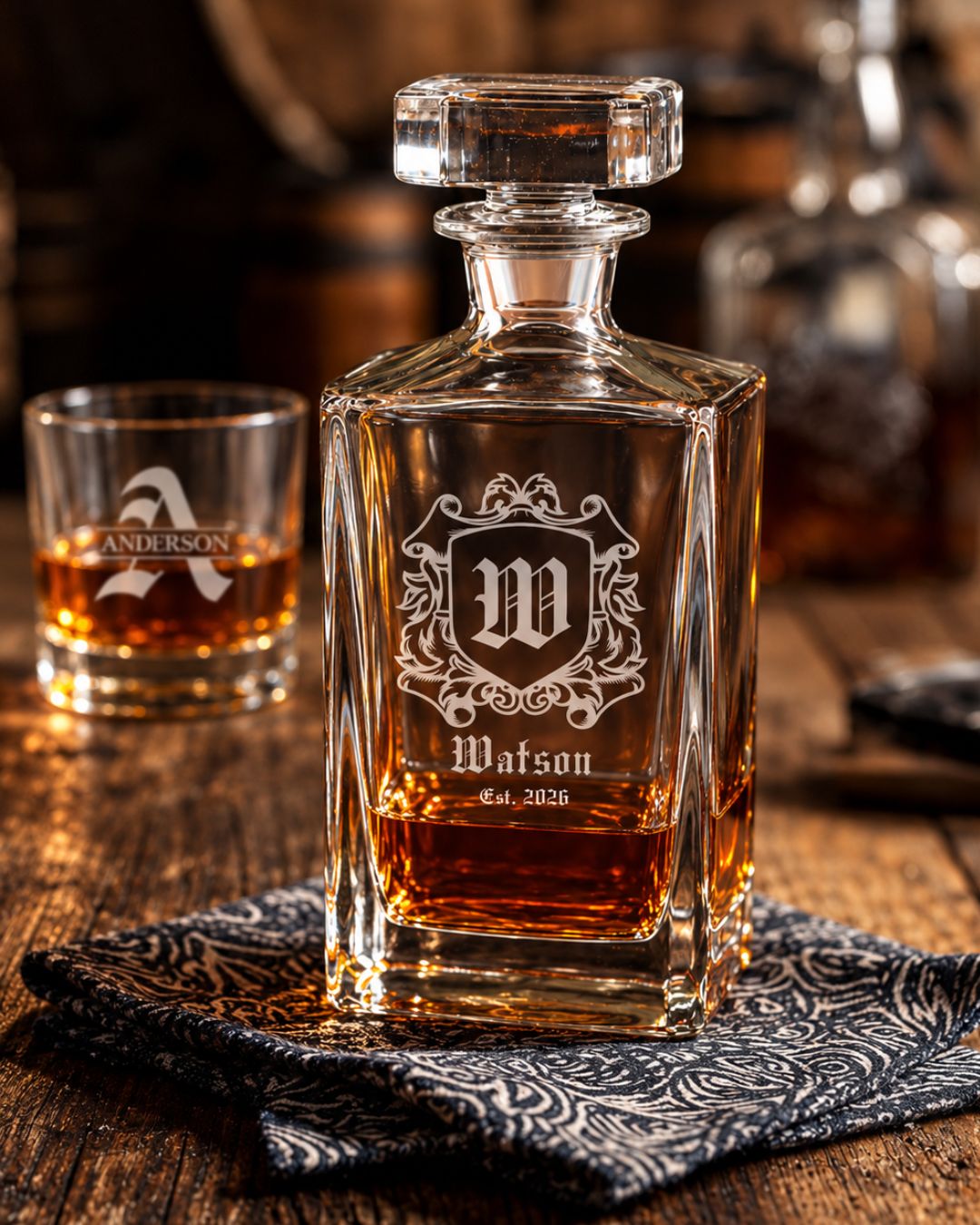Personalized Gothic Coat Of Arms Whiskey Decanter Gift Set | GS131009 | mockup 05
