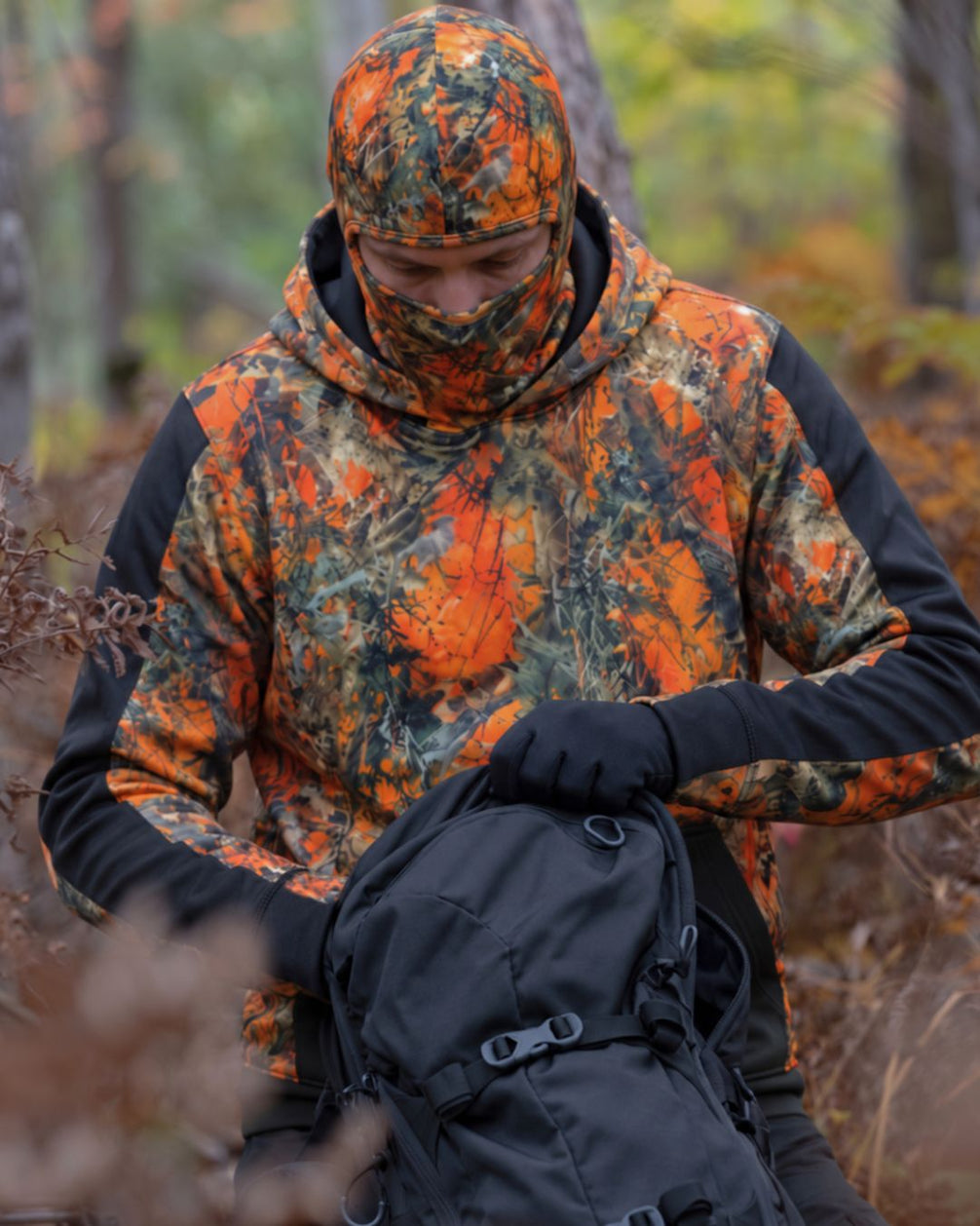 Orange Timber Camo Balaclava Hoodie | mockup 09