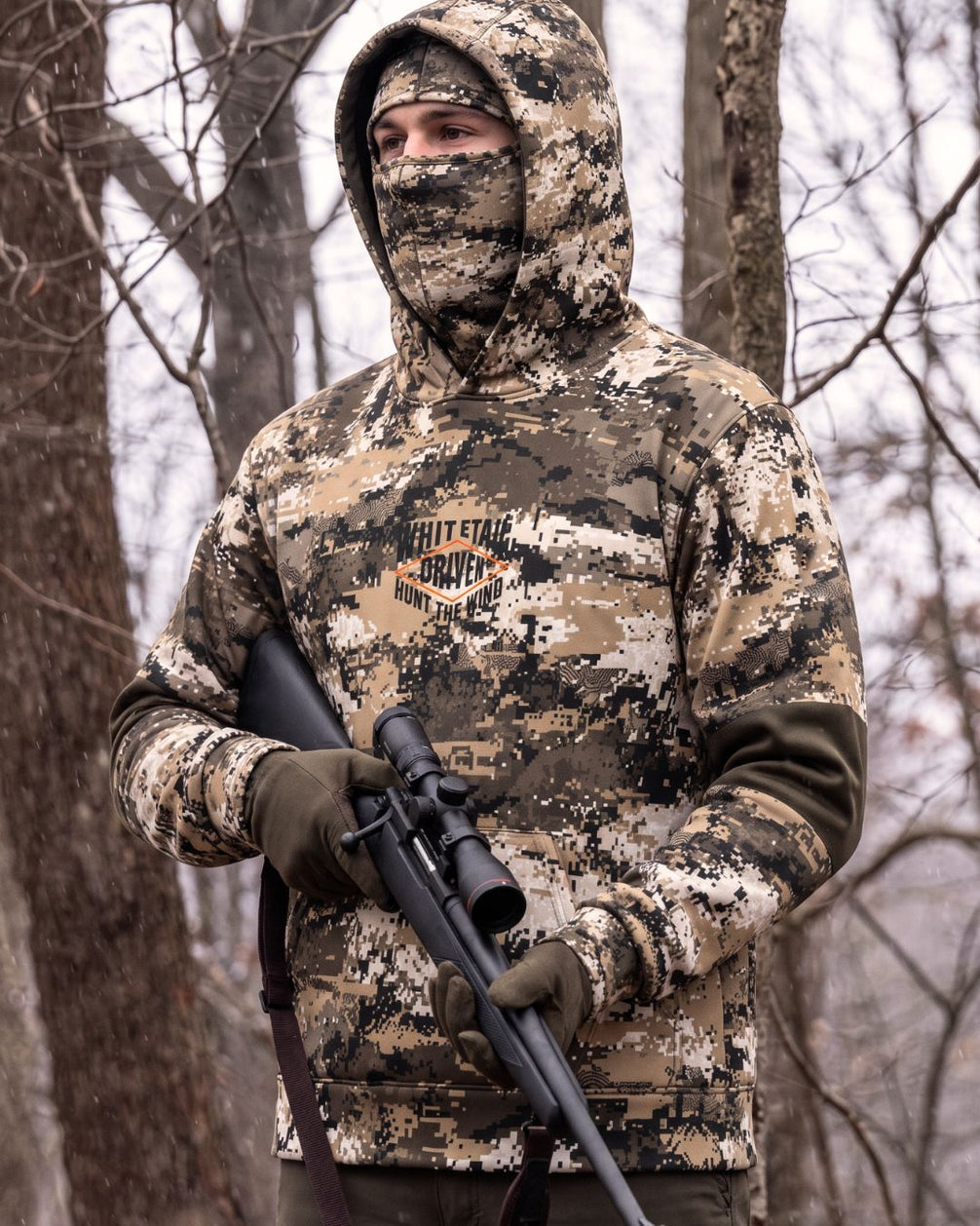 Whitetail Driven Camo Balaclava Hoodie | mockup 09