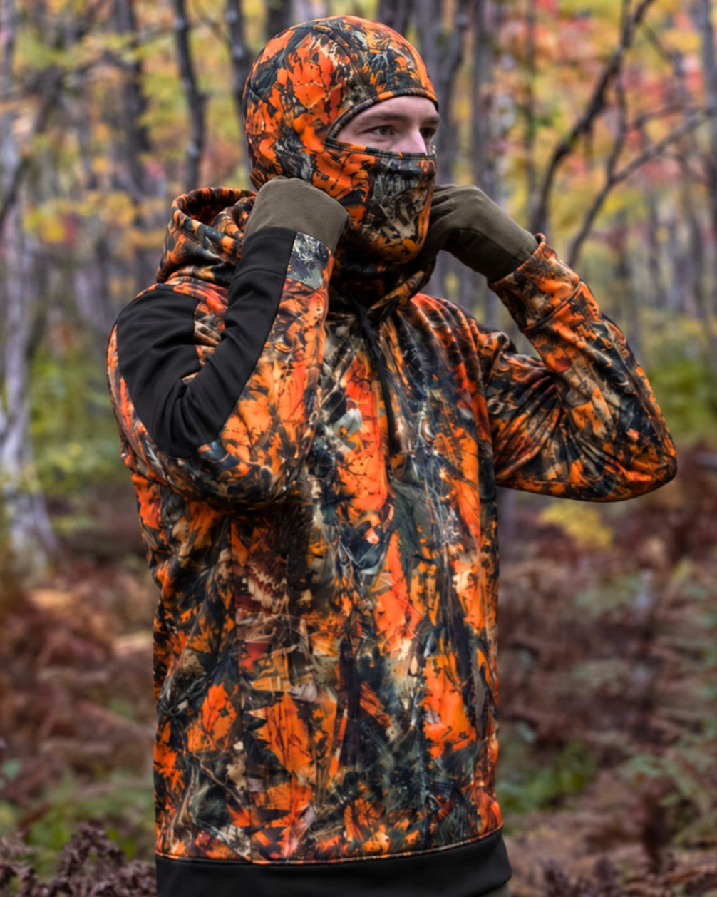 Orange Timber Camo Balaclava Hoodie | mockup 10