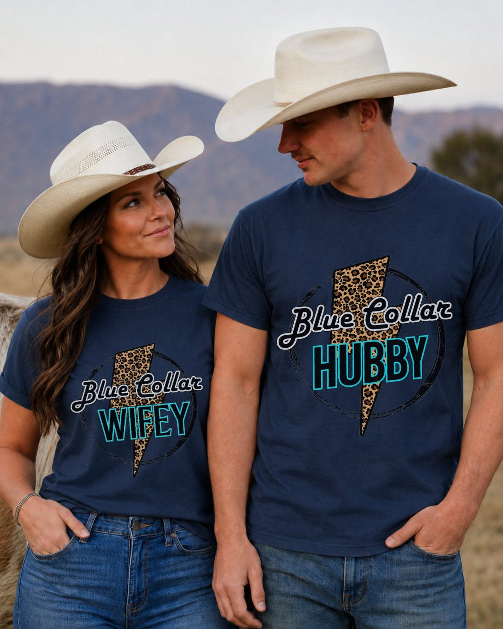 Leopard Lightning Blue Collar Couple T-shirt