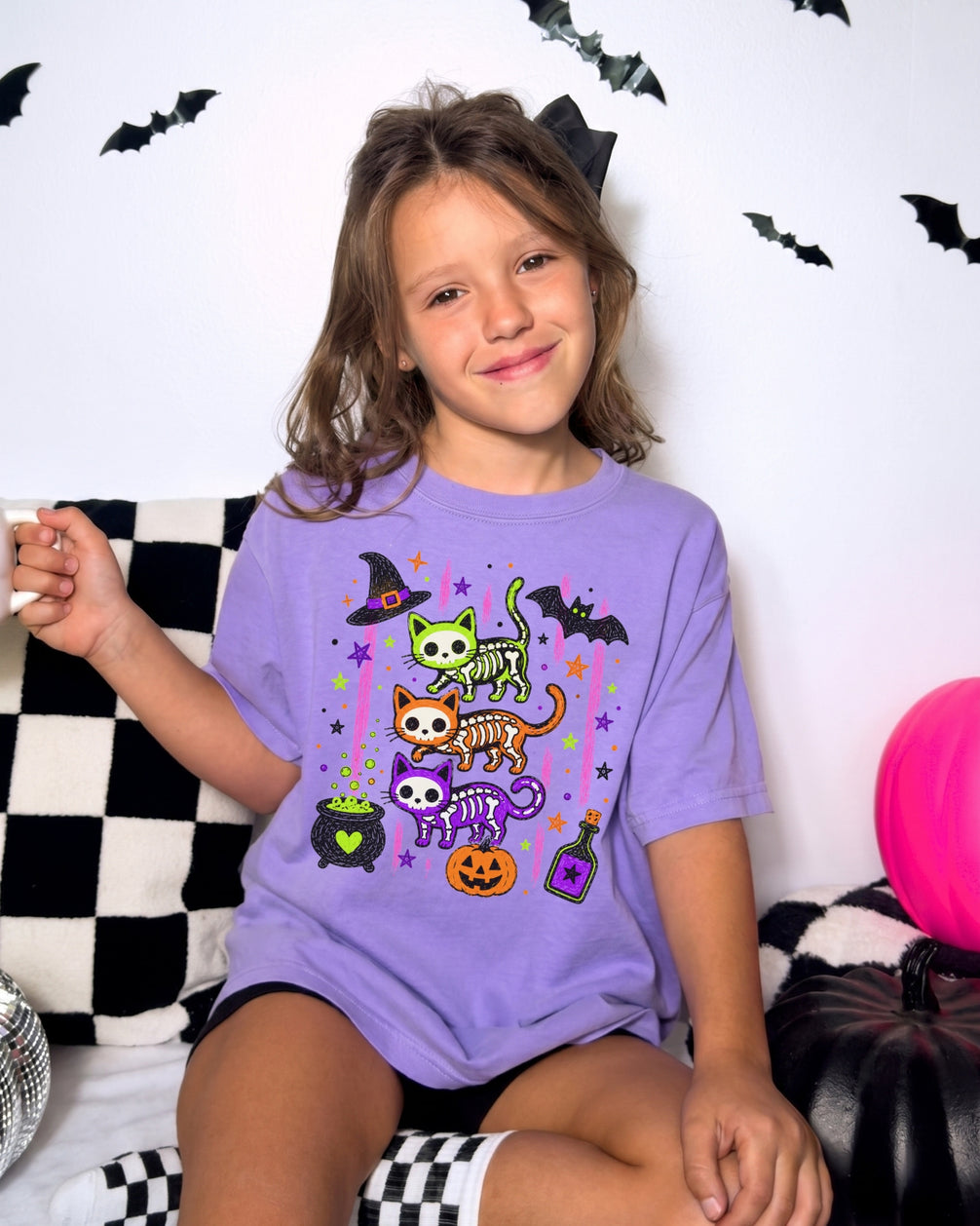 Cute Skeleton Cats Halloween Youth T-Shirt