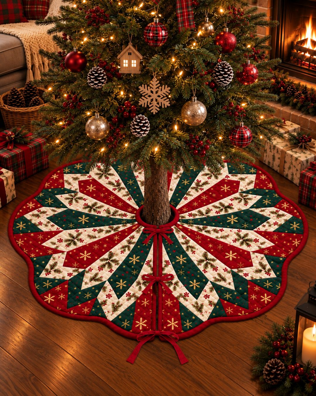 Geometric Star Quilted Christmas Tree Skirt