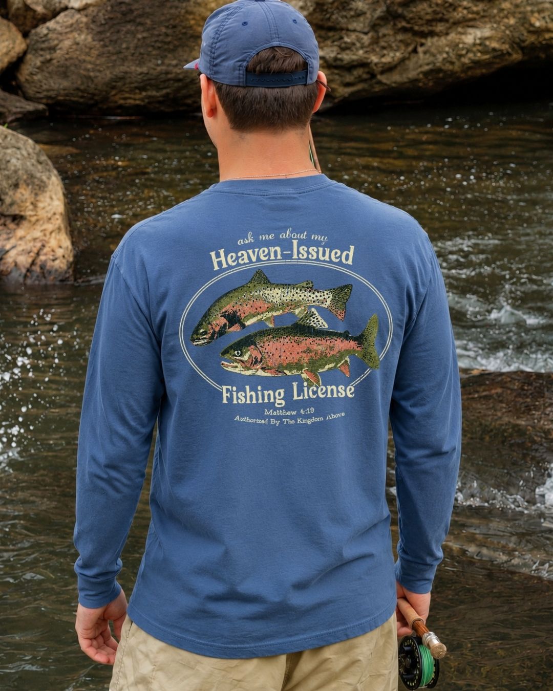Heaven-Issued Fishing License Matthew 4:19 Long-sleeve - Indigo Blue lifestyle