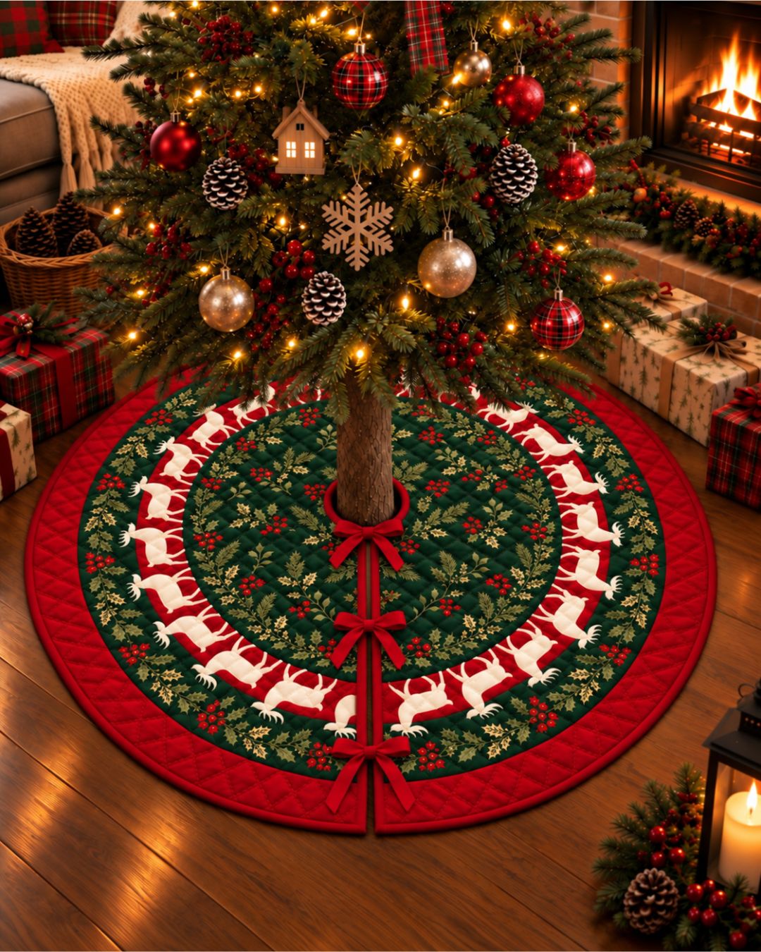 Reindeer Snowflake Ribbon Edge Quilted Tree Skirt