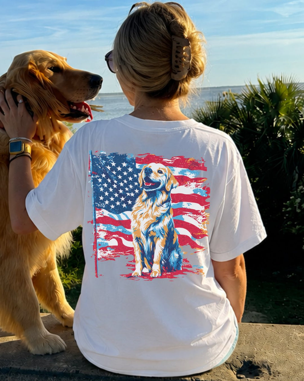 Patriotic Golden Retriever American Flag T-shirt