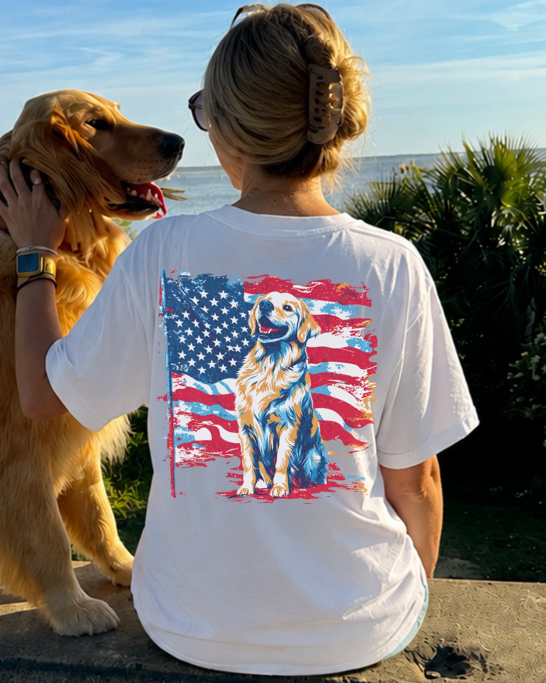 Patriotic Golden Retriever American Flag T-shirt