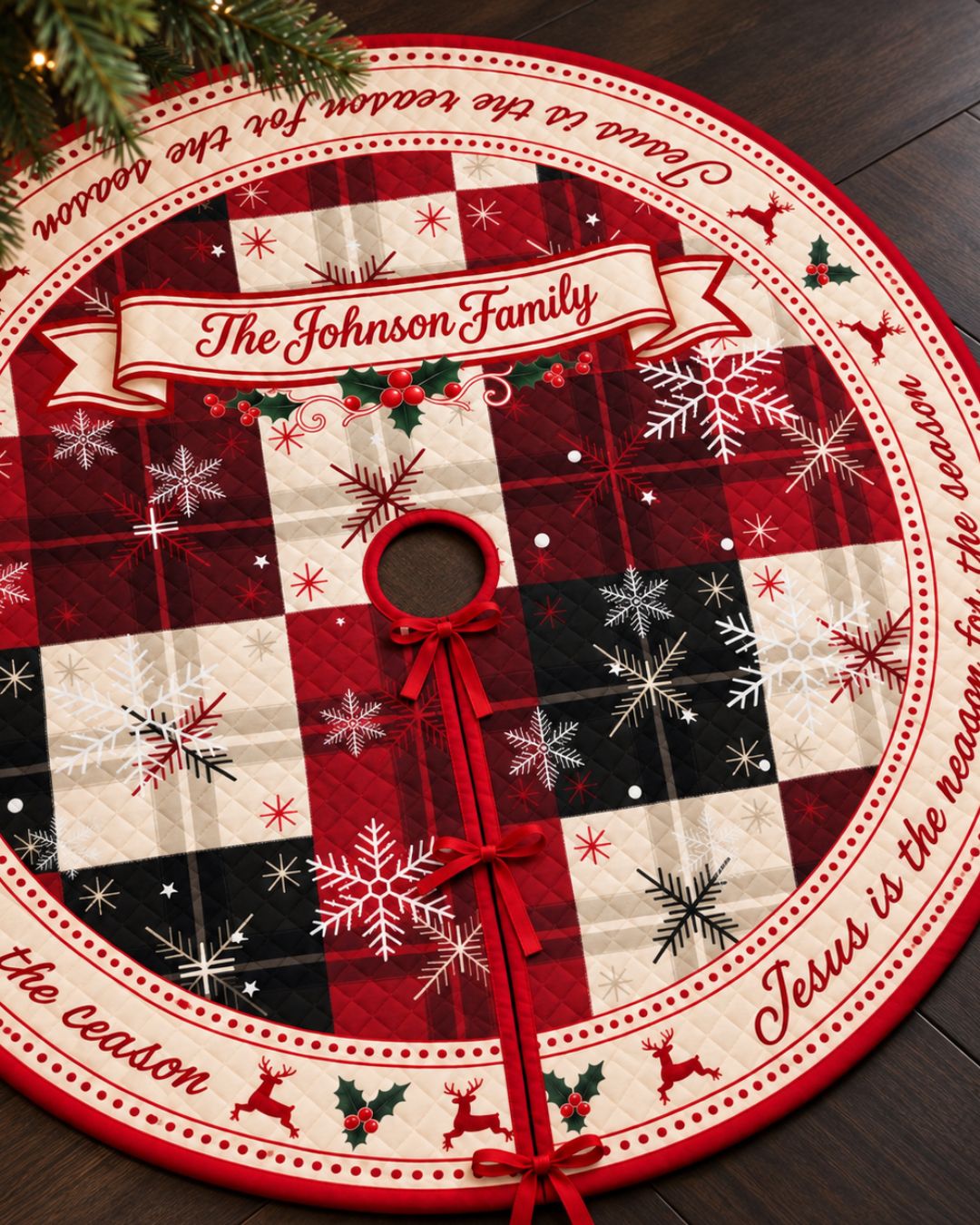 Personalized Classic Plaid Family Quilted Christmas Tree Skirt