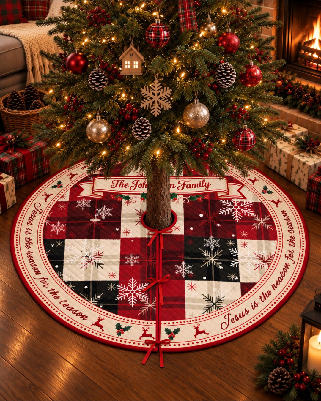 Personalized Classic Plaid Family Quilted Christmas Tree Skirt