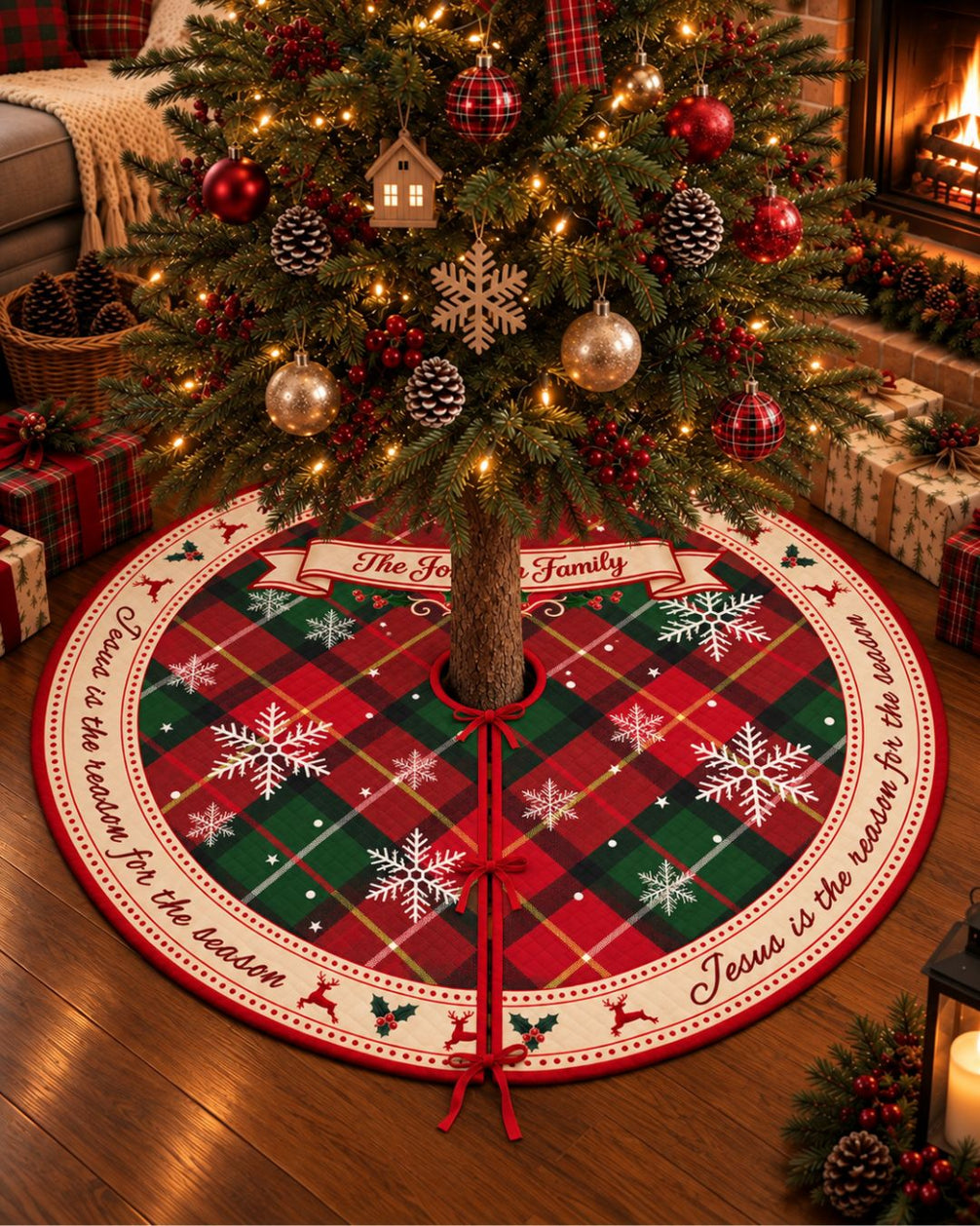Personalized Classic Plaid Family Quilted Christmas Tree Skirt