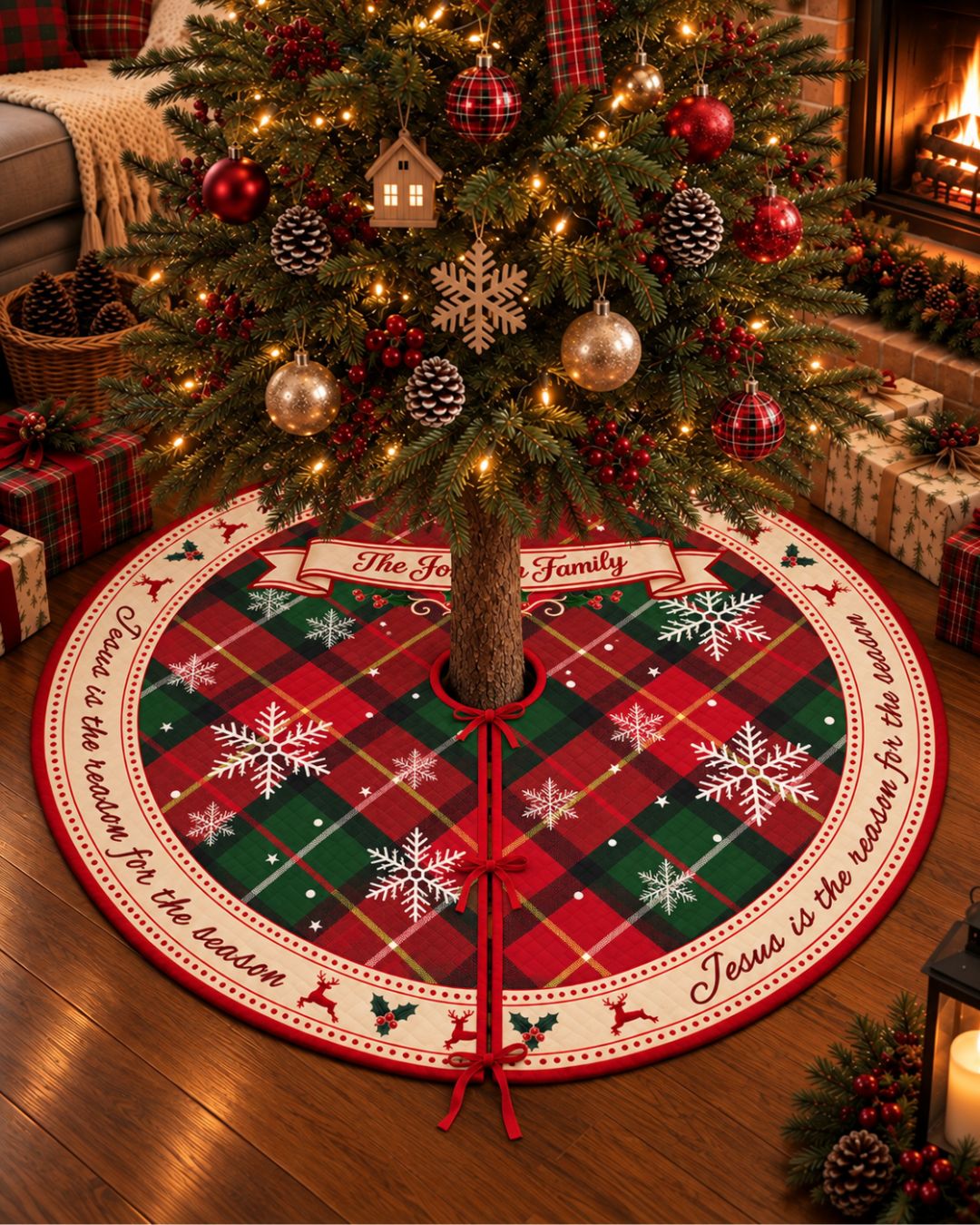 Personalized Classic Plaid Family Quilted Christmas Tree Skirt