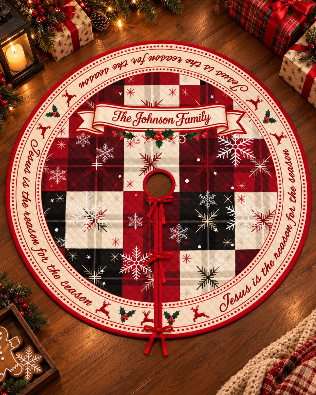 Personalized Classic Plaid Family Quilted Christmas Tree Skirt