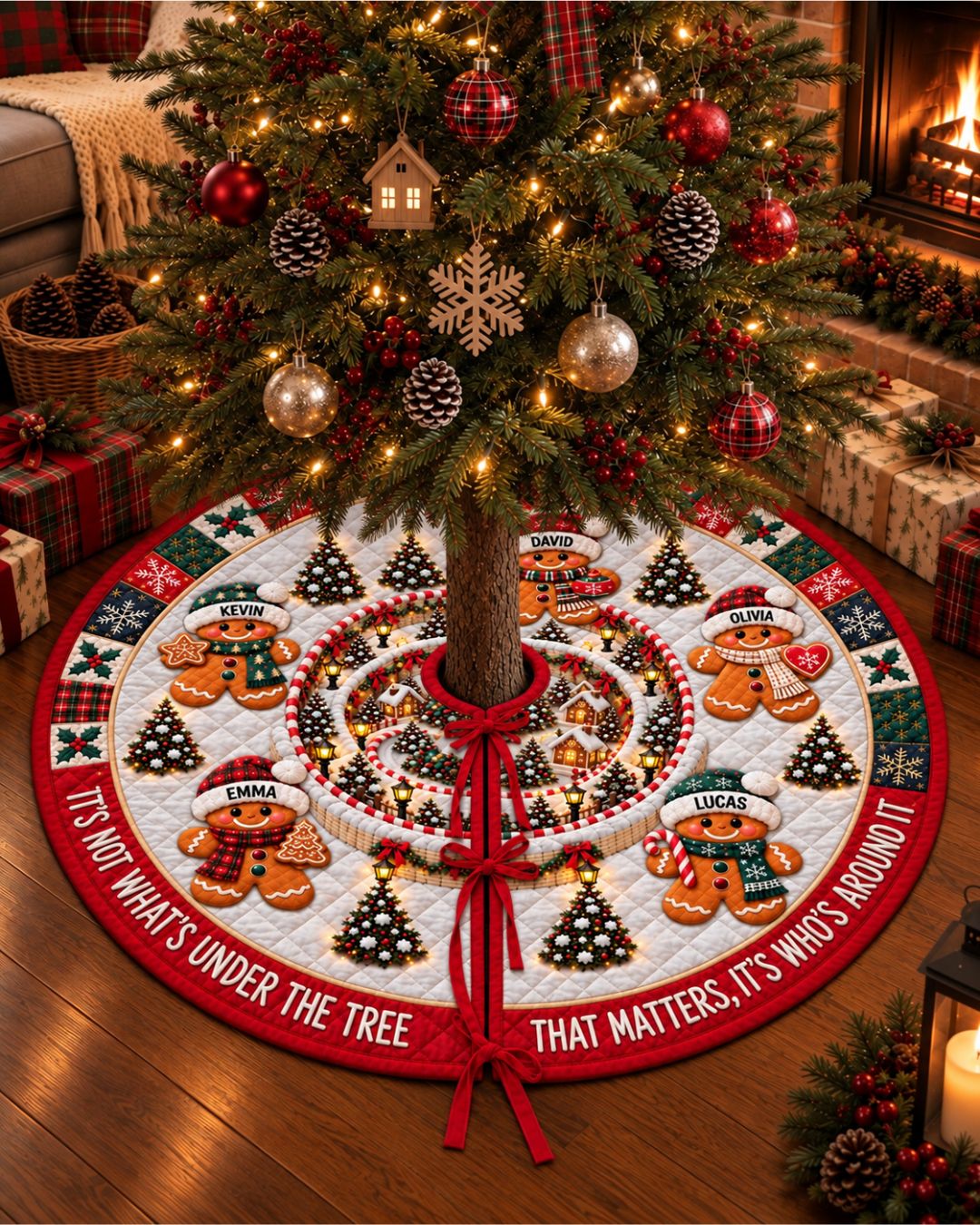 Personalized Who's Around It Family Quilted Christmas Tree Skirt