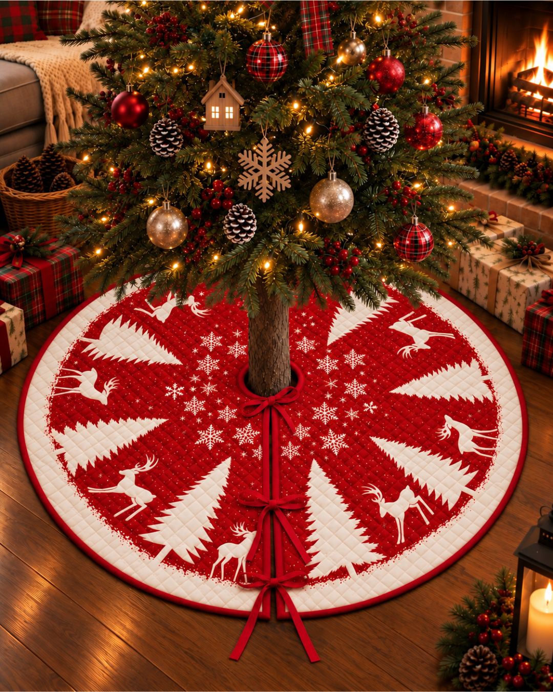 Reindeer Snowflake Ribbon Edge Quilted Tree Skirt