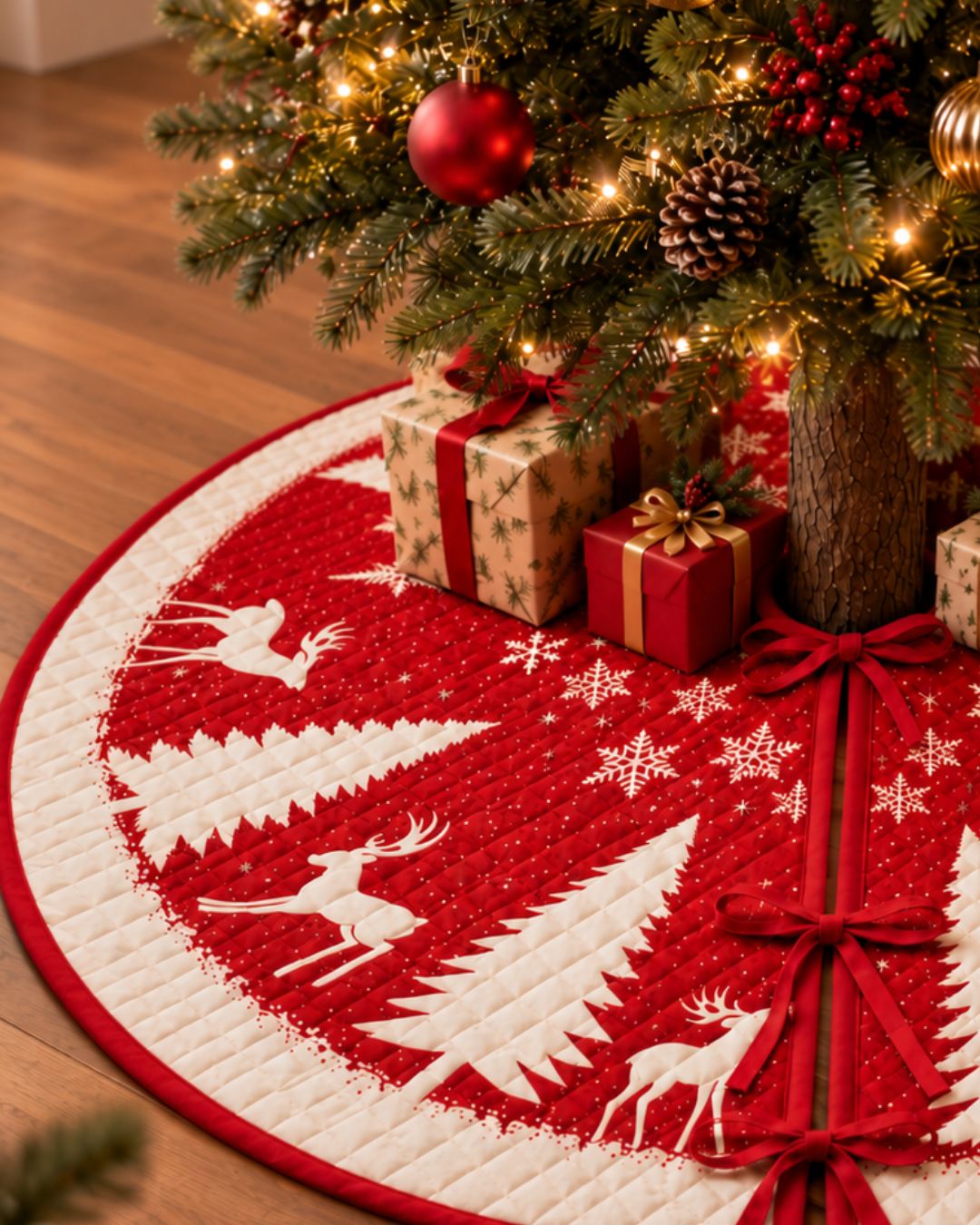 Reindeer Snowflake Ribbon Edge Quilted Tree Skirt