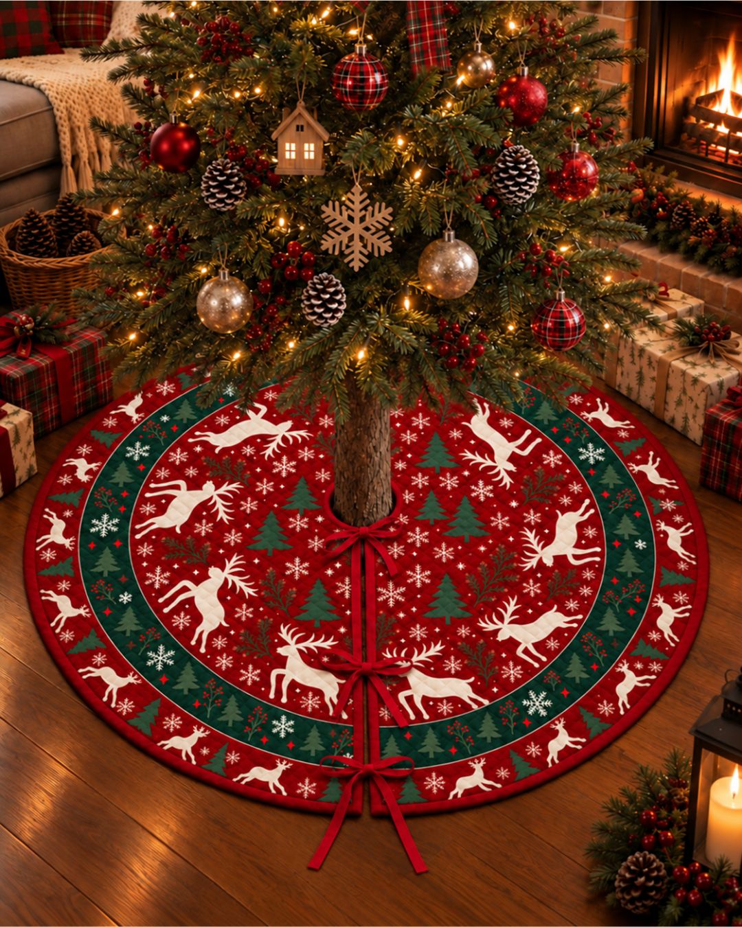Reindeer Snowflake Ribbon Edge Quilted Tree Skirt