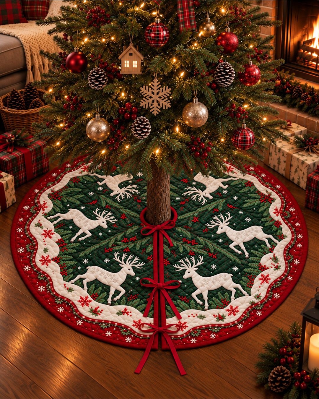 Reindeer Snowflake Ribbon Edge Quilted Tree Skirt