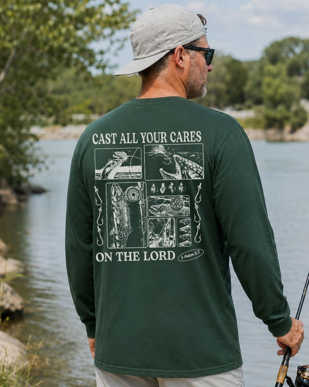 Trout Fishing Faith-Based Long-sleeve - Forest Green lifestyle