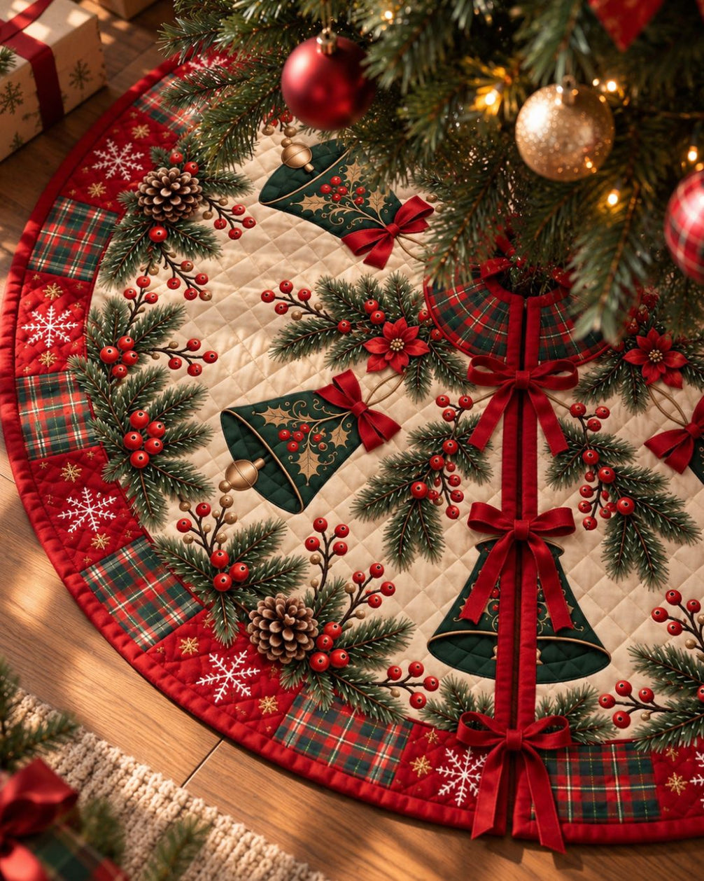 Vintage Symmetry Quilted Christmas Tree Skirt