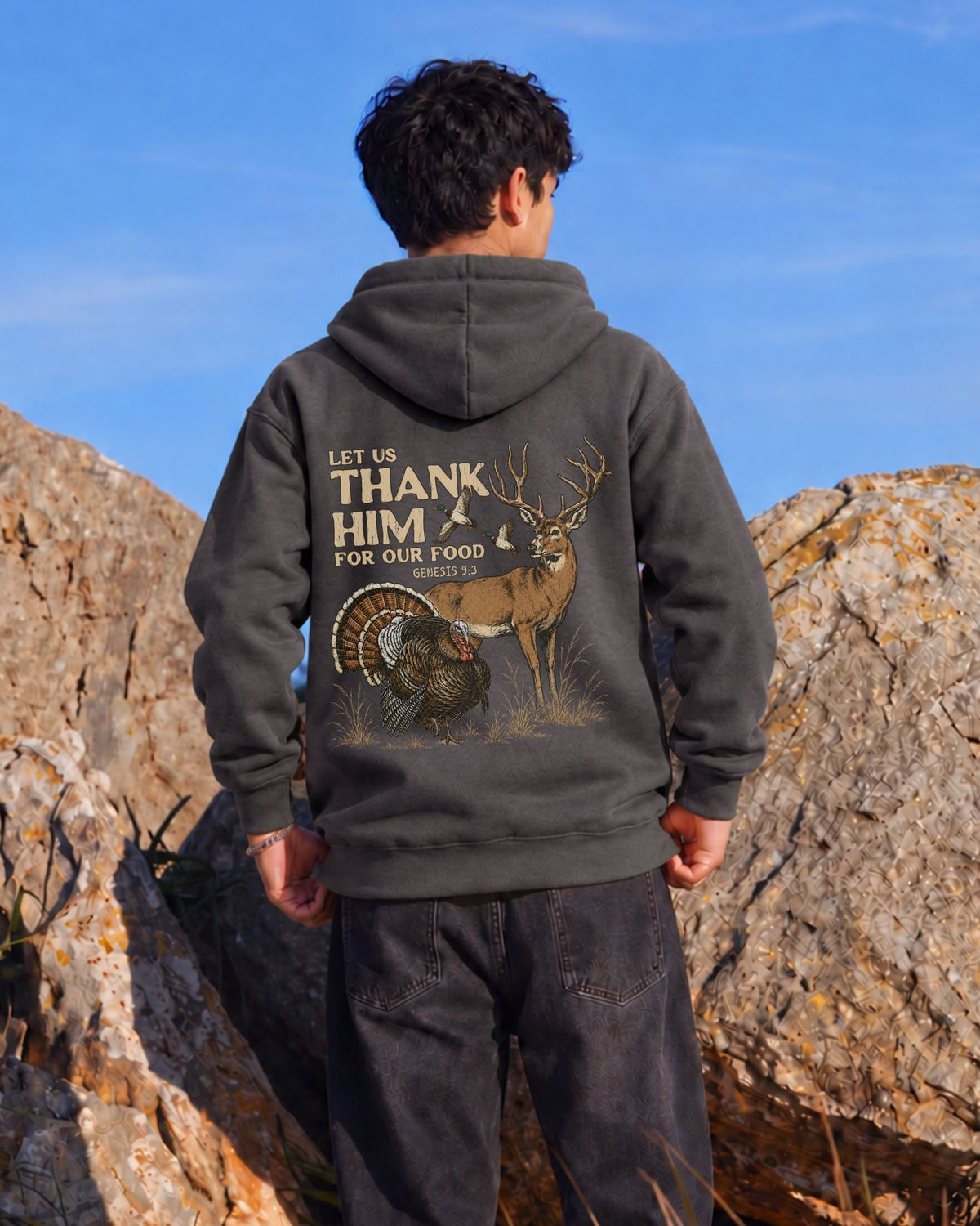 Youth Let us Thank Him for our food Hoodie — CHARCOAL
