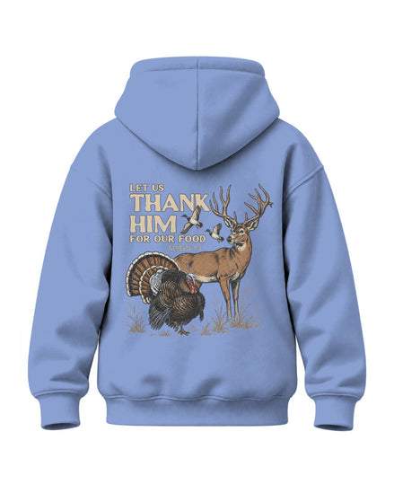 Youth Let us Thank Him for our food Hoodie — CAROLINA BLUE