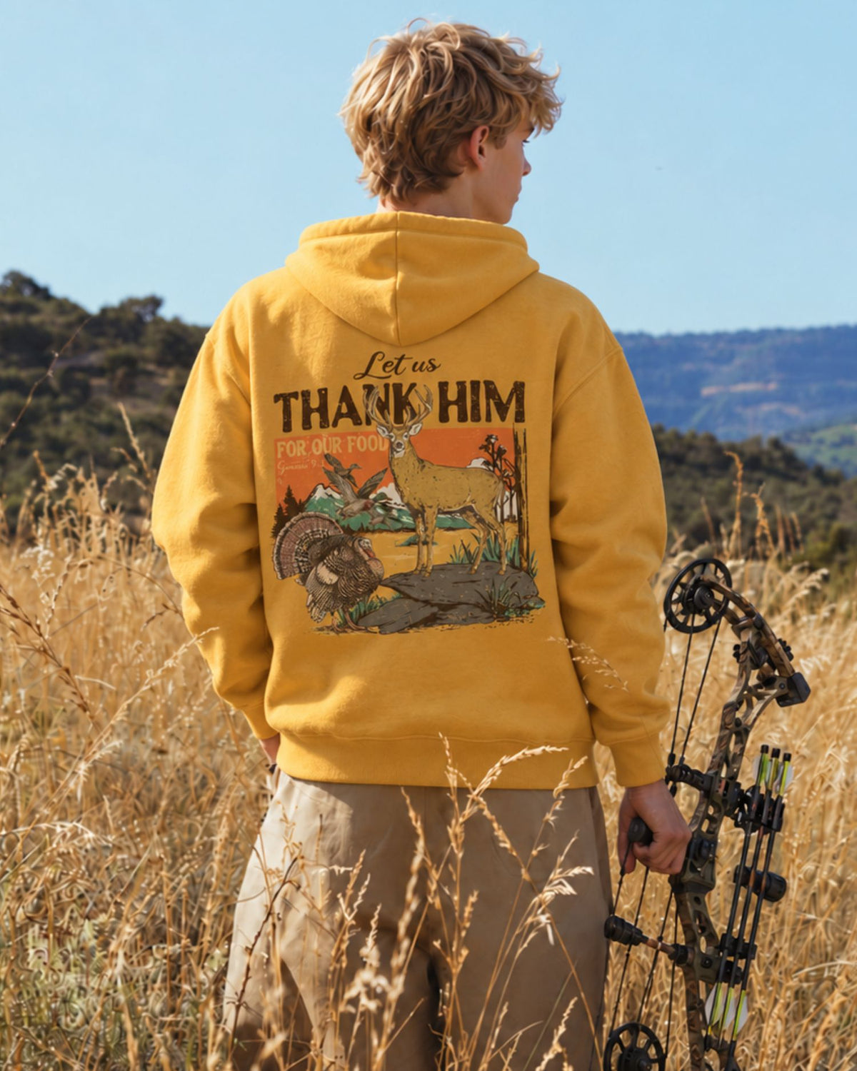 Youth Outdoors Thank Him Hoodie — GOLD