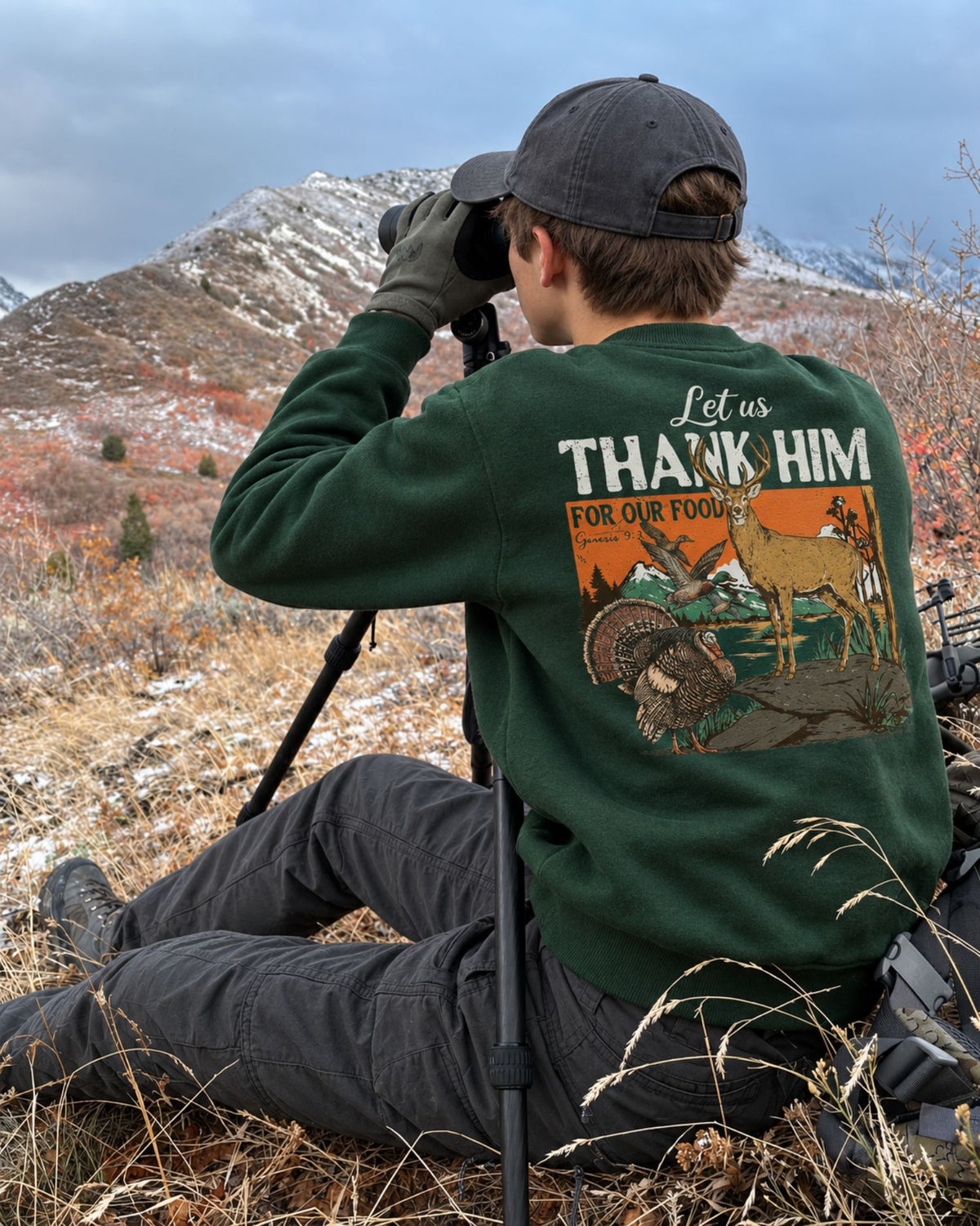 Youth Outdoors Thank Him Sweatshirt — FOREST GREEN