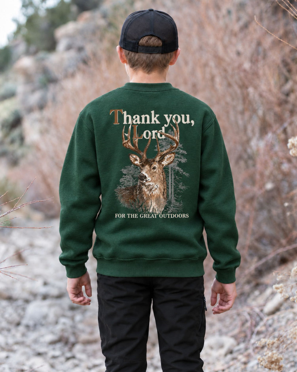Youth Great Outdoors Faith Sweatshirt — FOREST GREEN