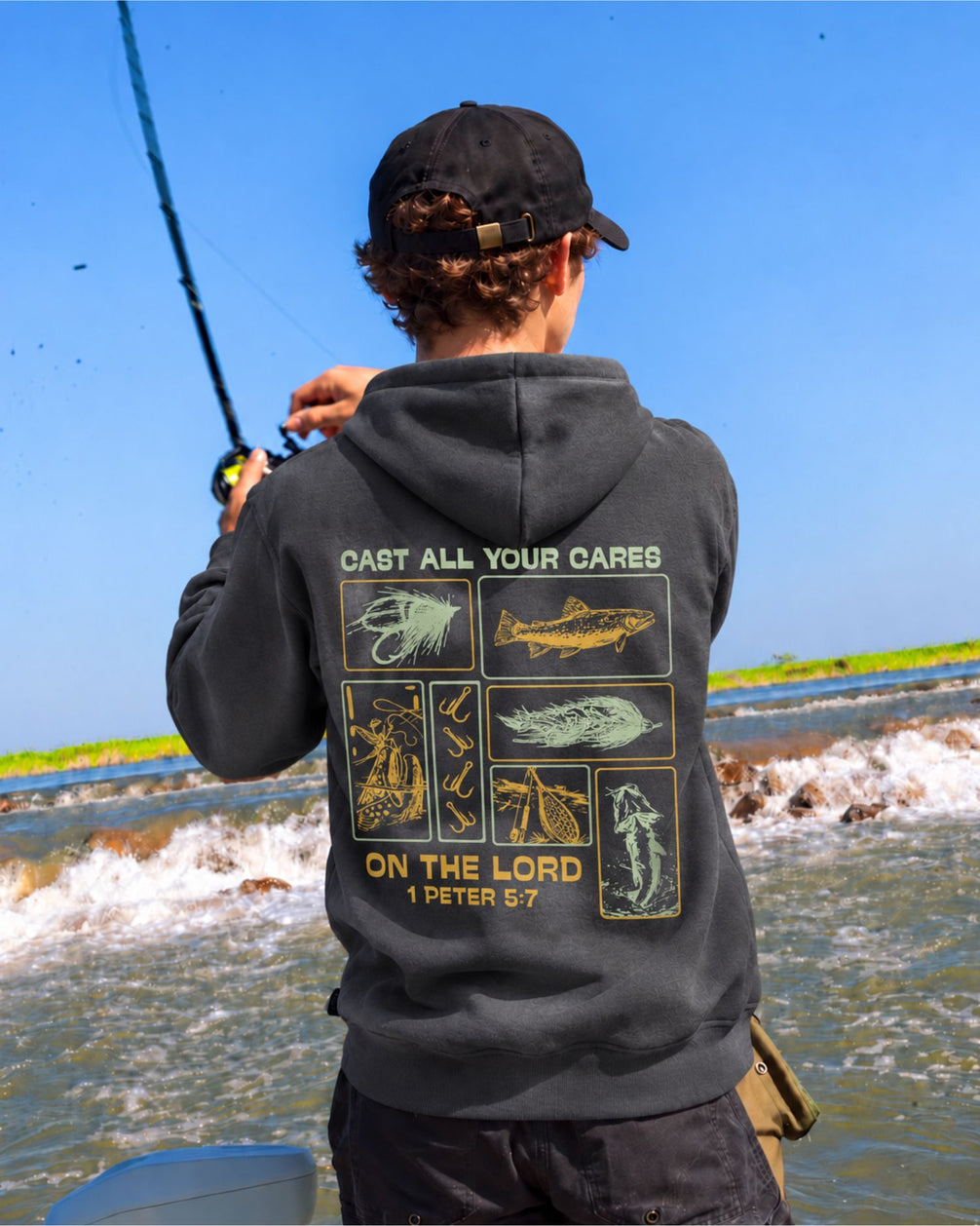 Youth Faith & Fishing "Cast Your Cares" Hoodie — CHARCOAL