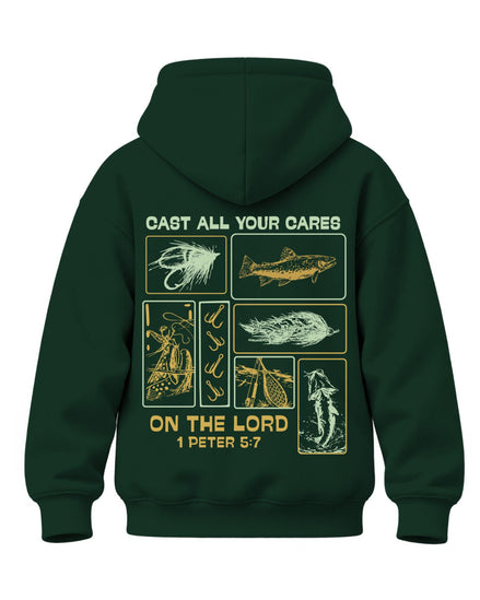 Youth Faith & Fishing "Cast Your Cares" Hoodie — FOREST GREEN