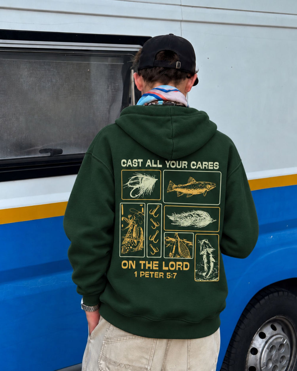 Youth Faith & Fishing "Cast Your Cares" Hoodie — FOREST GREEN
