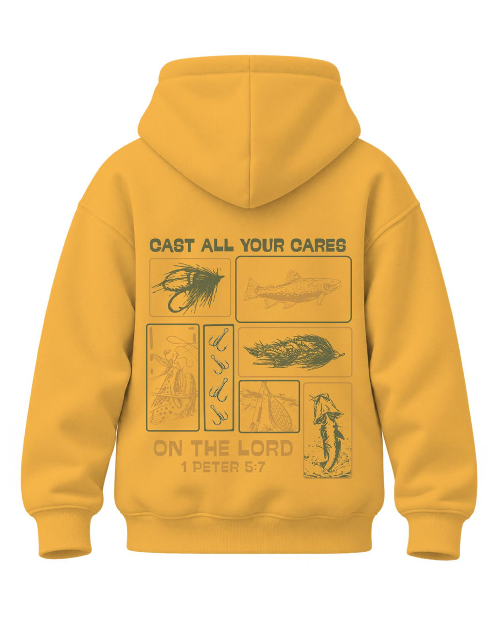 Youth Faith & Fishing "Cast Your Cares" Hoodie — GOLD