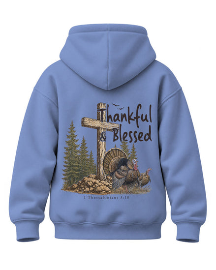 Youth Thankful And Blessed Turkeys Hoodie — CAROLINA BLUE