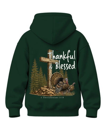 Youth Thankful And Blessed Turkeys Hoodie — FOREST GREEN