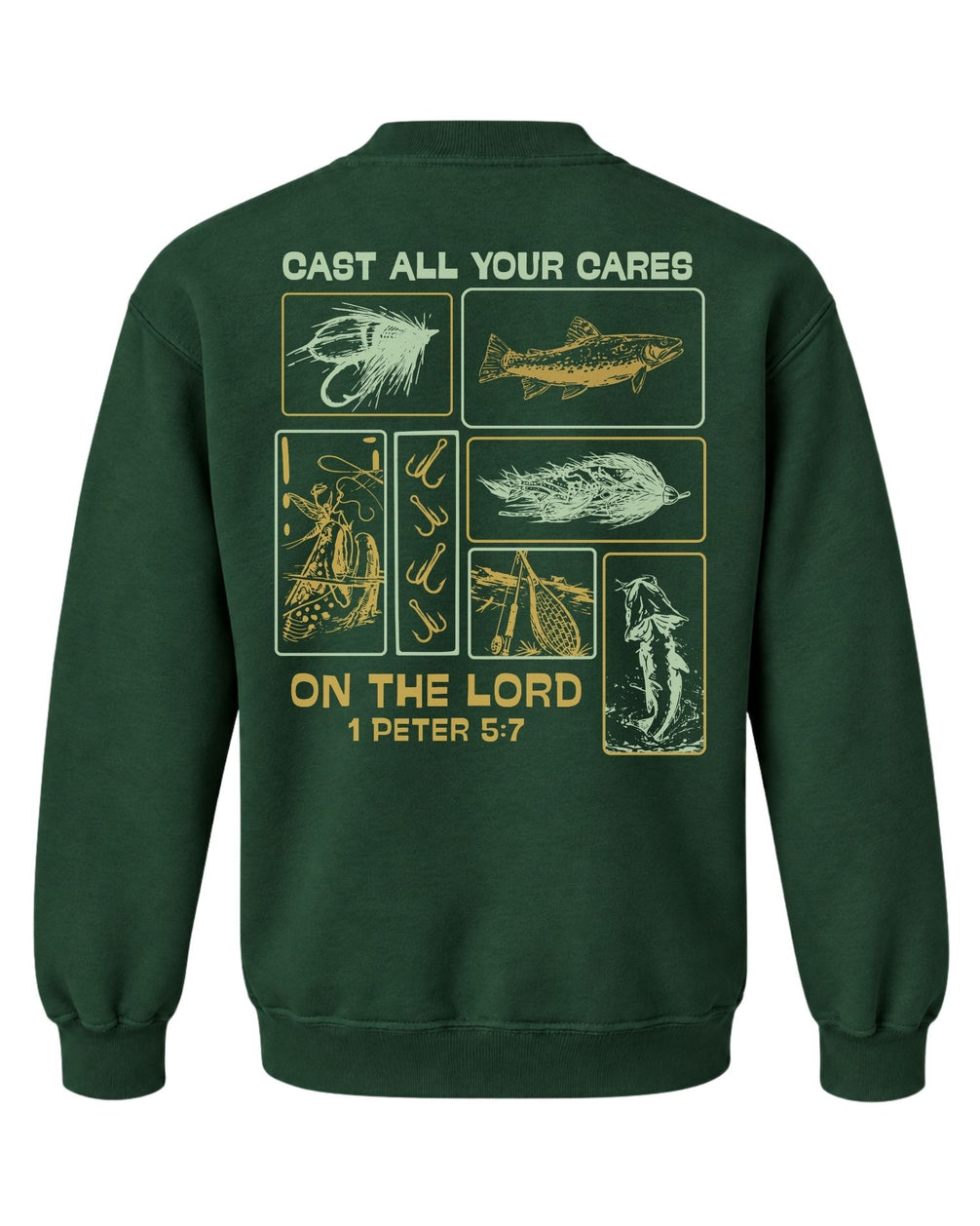 Youth Faith & Fishing "Cast Your Cares" Sweatshirt — FOREST GREEN