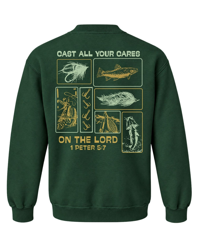 Youth Faith & Fishing "Cast Your Cares" Sweatshirt — FOREST GREEN