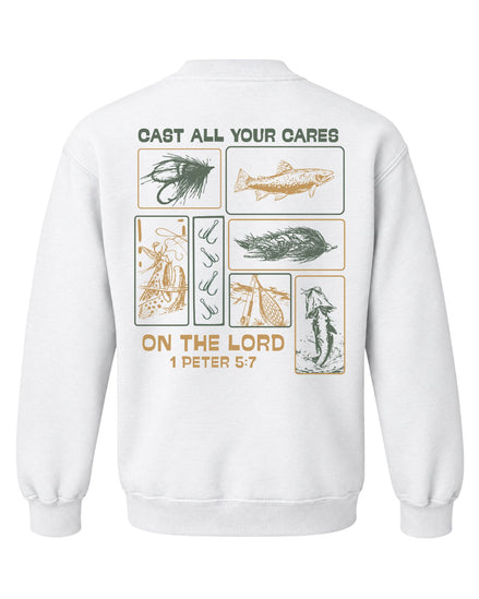 Youth Faith & Fishing "Cast Your Cares" Sweatshirt — WHITE