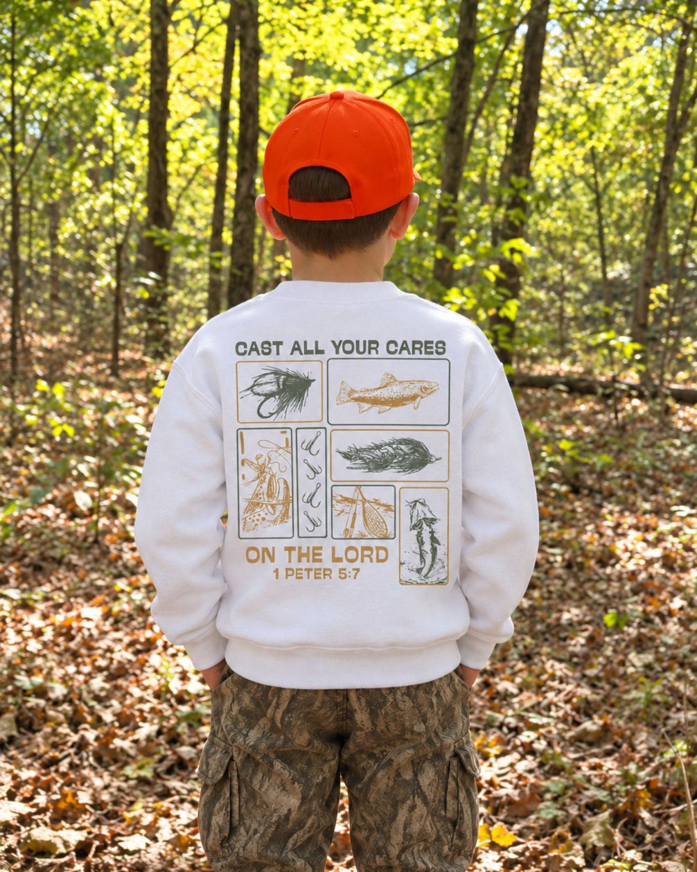 Youth Faith & Fishing "Cast Your Cares" Sweatshirt — WHITE