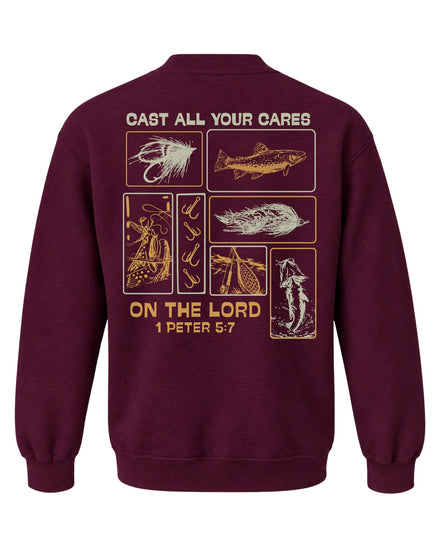 Youth Faith & Fishing "Cast Your Cares" Sweatshirt — MAROON