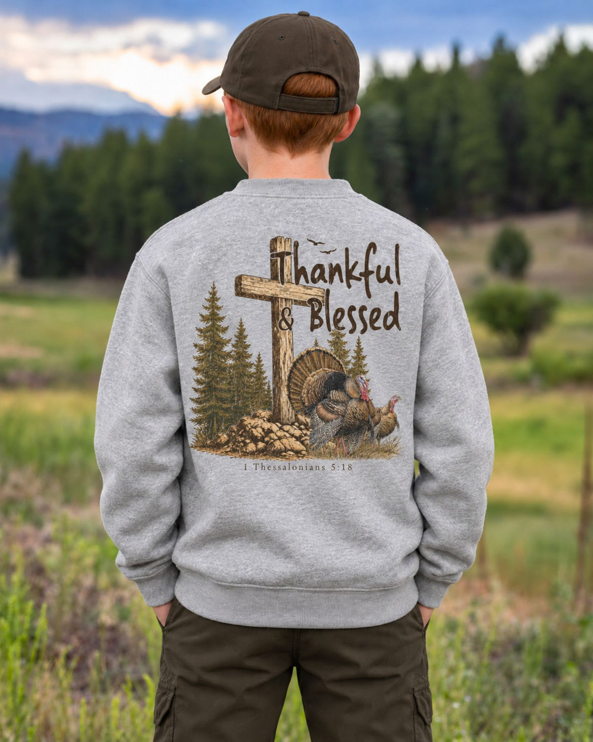 Youth Thankful And Blessed Turkeys Sweatshirt — SPORT GREY