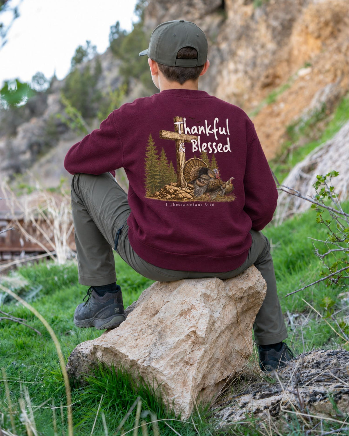 Youth Thankful And Blessed Turkeys Sweatshirt — MAROON