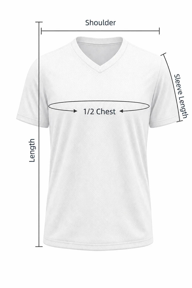 White V-neck jersey measurement guide showing shoulder, half chest, length, and sleeve length