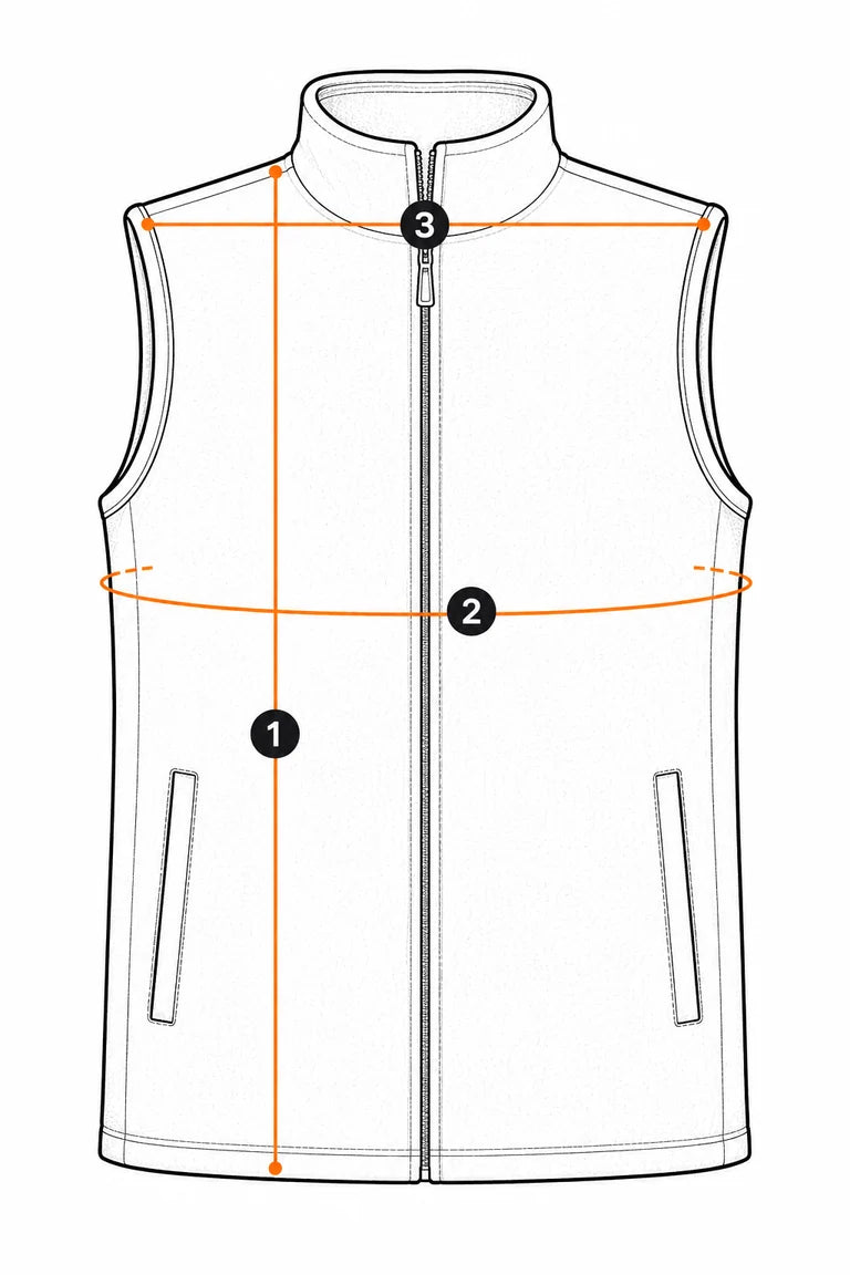 Full-zip fleece vest measurement guide showing length, chest circumference, and shoulder width